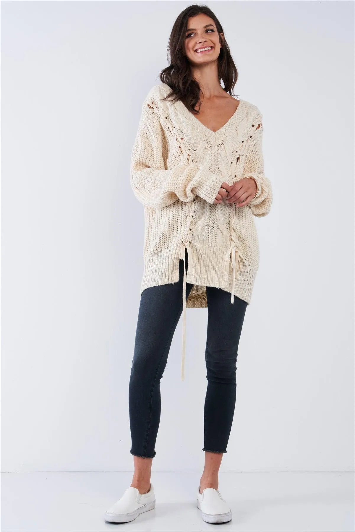 Beige Cable Knit Draw String Self Tie V-Neck Long Sleeve Oversized Sweater