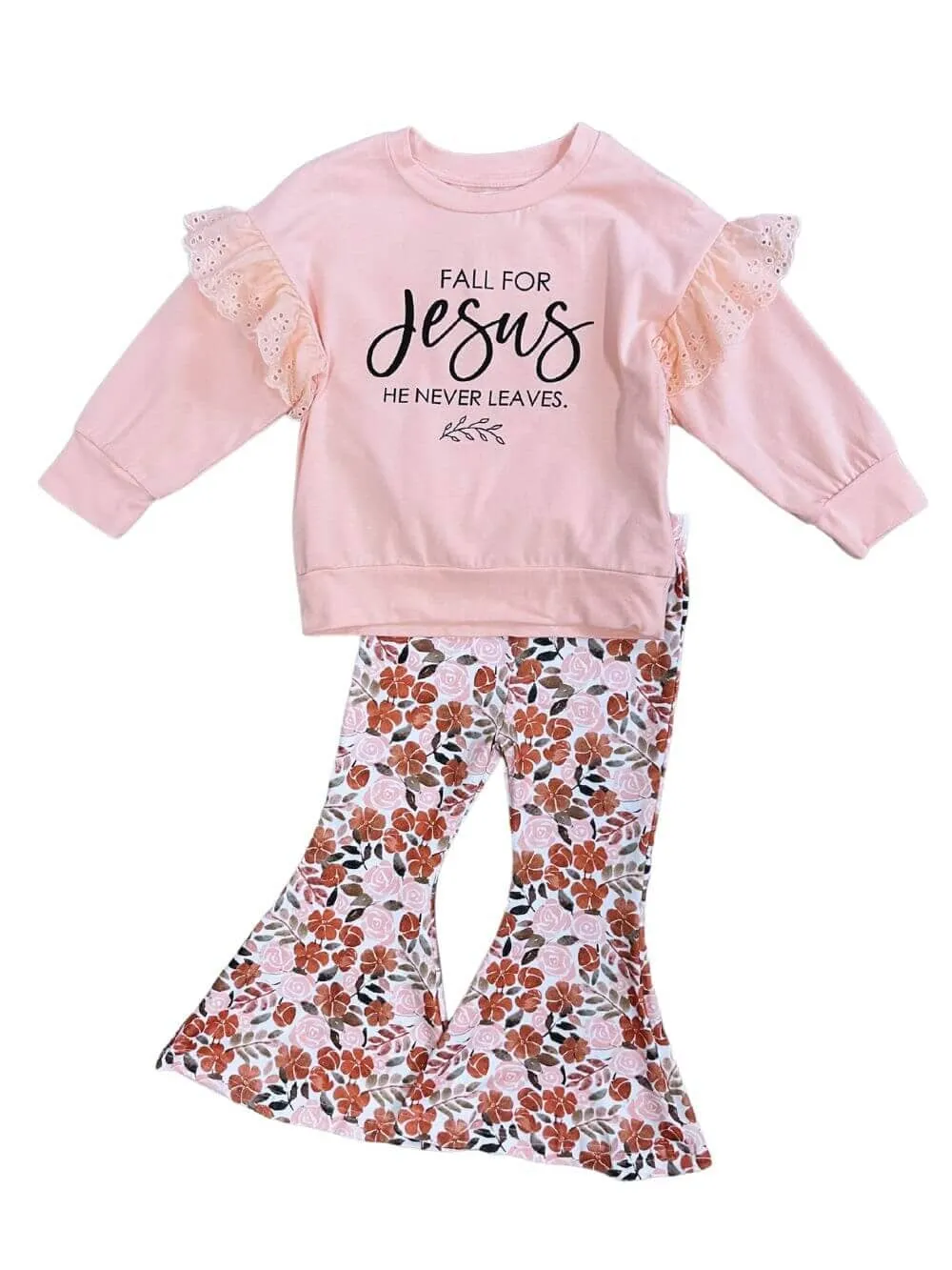 Fall for Jesus Girls Peach Florals Flare Pants Outfit