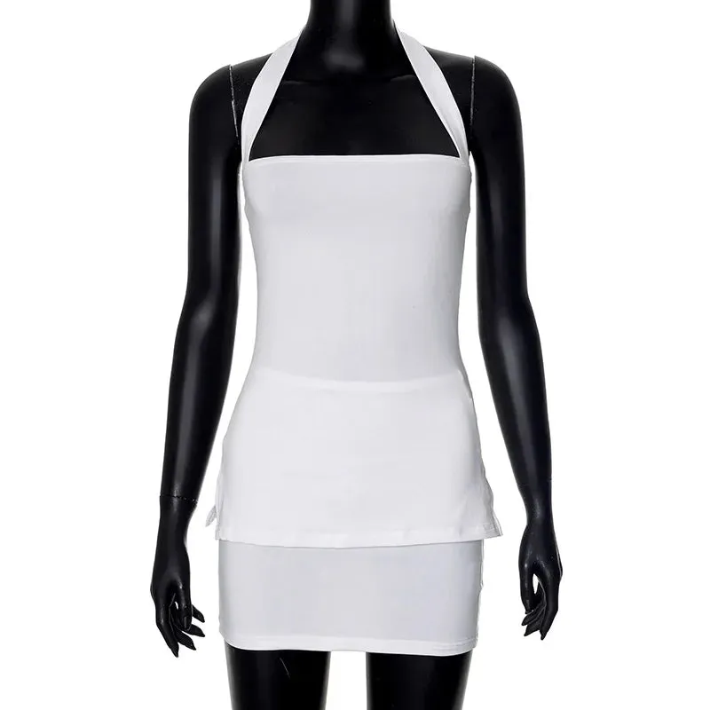Girlary Halter Tank Top A-Line Mini Skirt Solid Set Women Slit Backless Vest Short Skirt Slim Leisure Outfit Hottie Streetwear