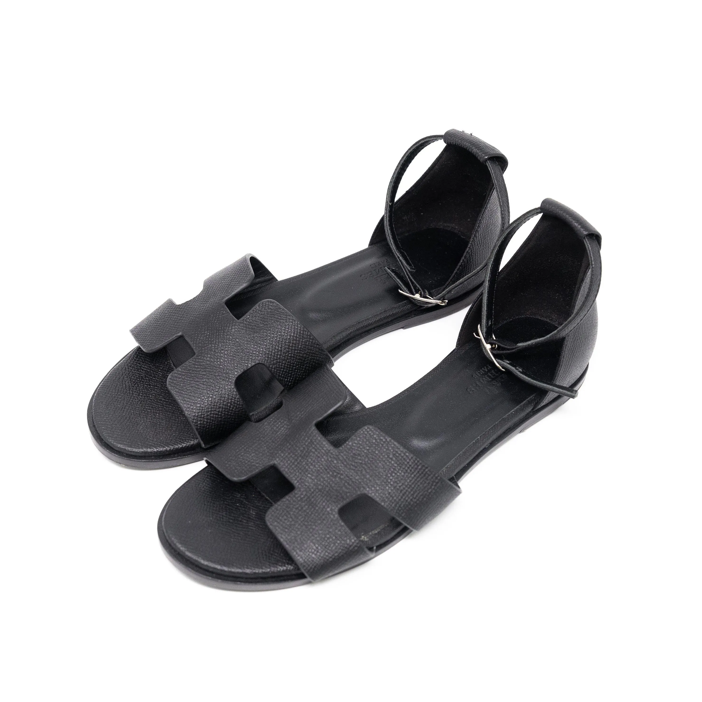 Hermes Noir Epsom Santorini Sandals 38