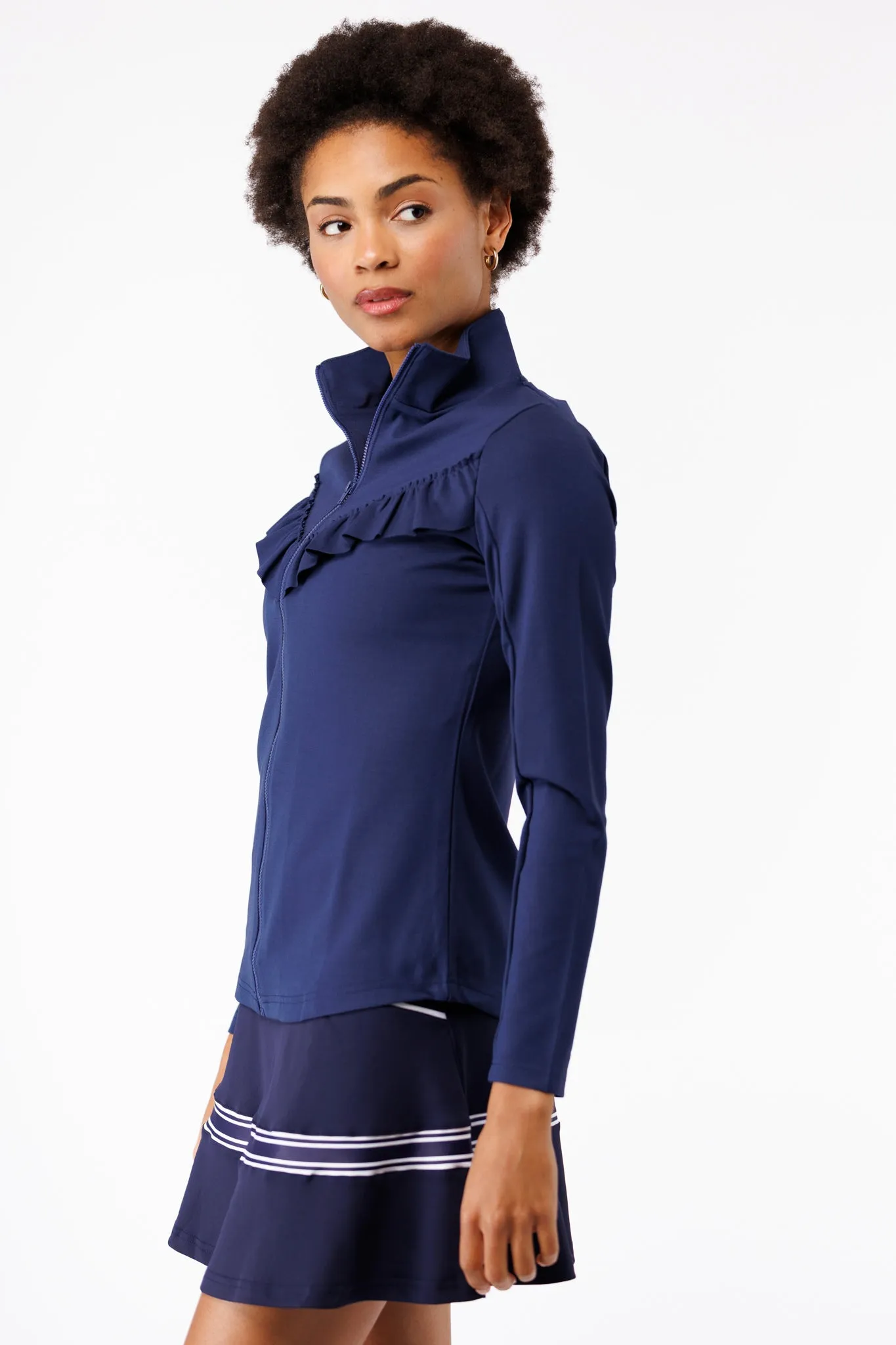 The Frankie Full Zip with Ruffle Detail - Navy